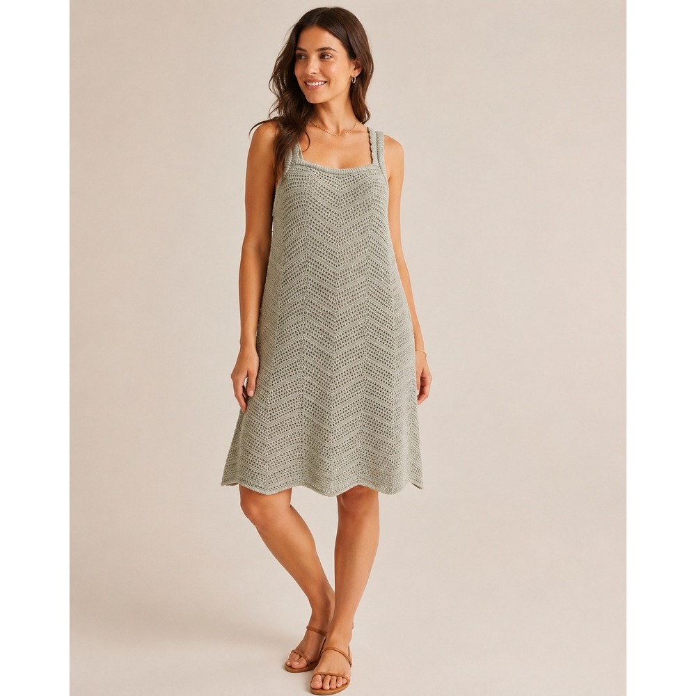 A New Day Sage Green Crochet Chevron Mini Dress Square Neck Sleeveless Medium